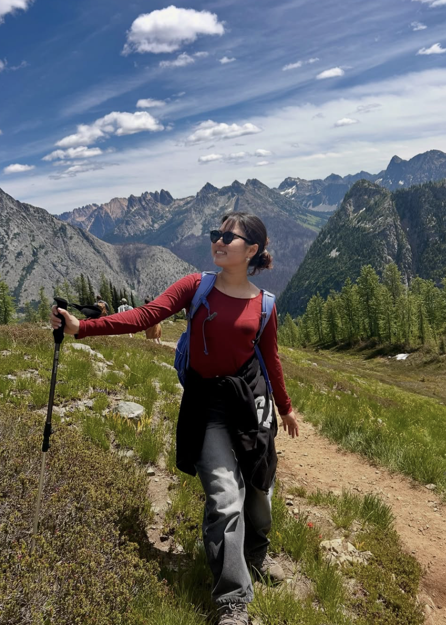 Pair hiking in the mountains at a national park